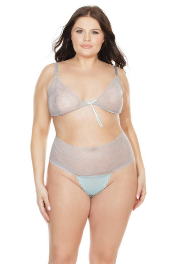 Coquette - 7055X - Bra and Crotchless Panty - Misty Blue/Grey - OS/XL - Stag Shop