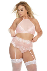 Coquette - 7176X - Halter Top Garter Belt & Crotchless Thong - Pink - OS/XL - Stag Shop