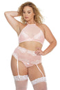 Coquette - 7176X - Halter Top Garter Belt & Crotchless Thong - Pink - OS/XL - Stag Shop