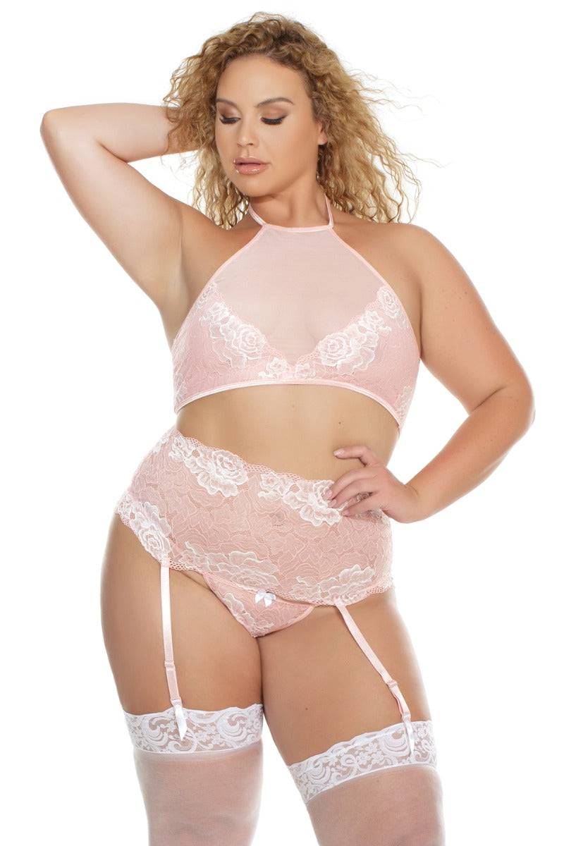 Coquette - 7176X - Halter Top Garter Belt & Crotchless Thong - Pink - OS/XL - Stag Shop