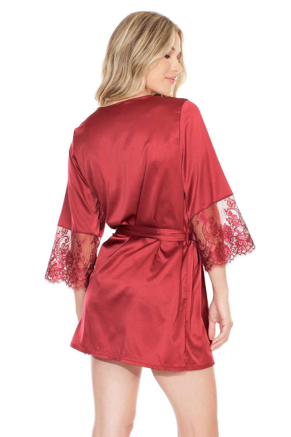 Coquette - 7224 - Satin Robe with Lace Finish - Merlot - OS - Stag Shop