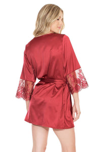 Thumbnail for Coquette - 7224 - Satin Robe with Lace Finish - Merlot - OS - Stag Shop