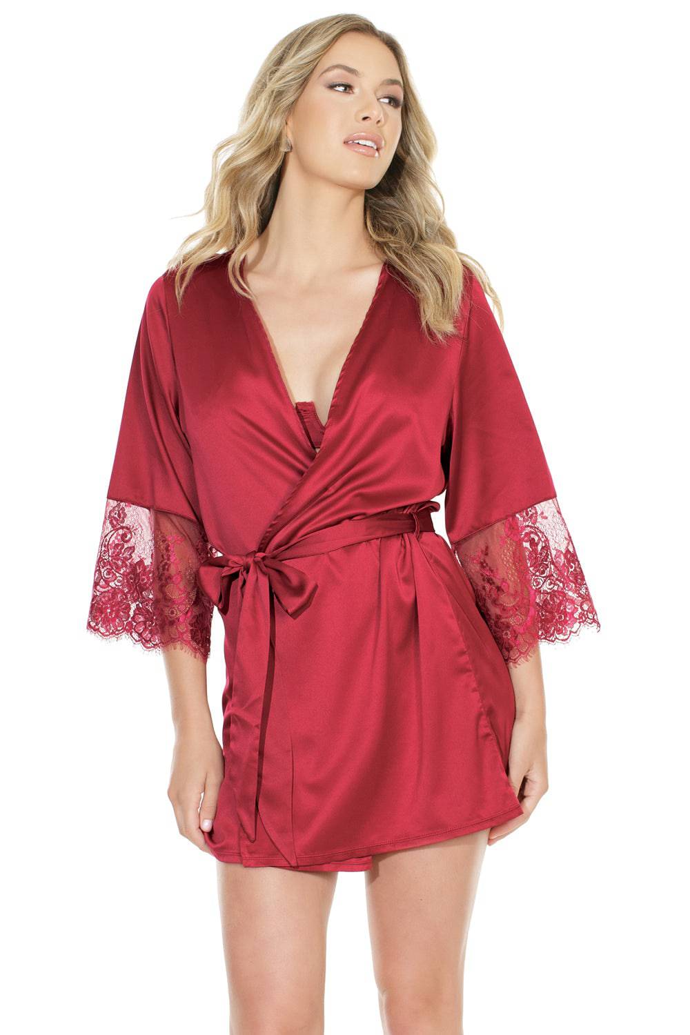Coquette - 7224 - Satin Robe with Lace Finish - Merlot - OS - Stag Shop
