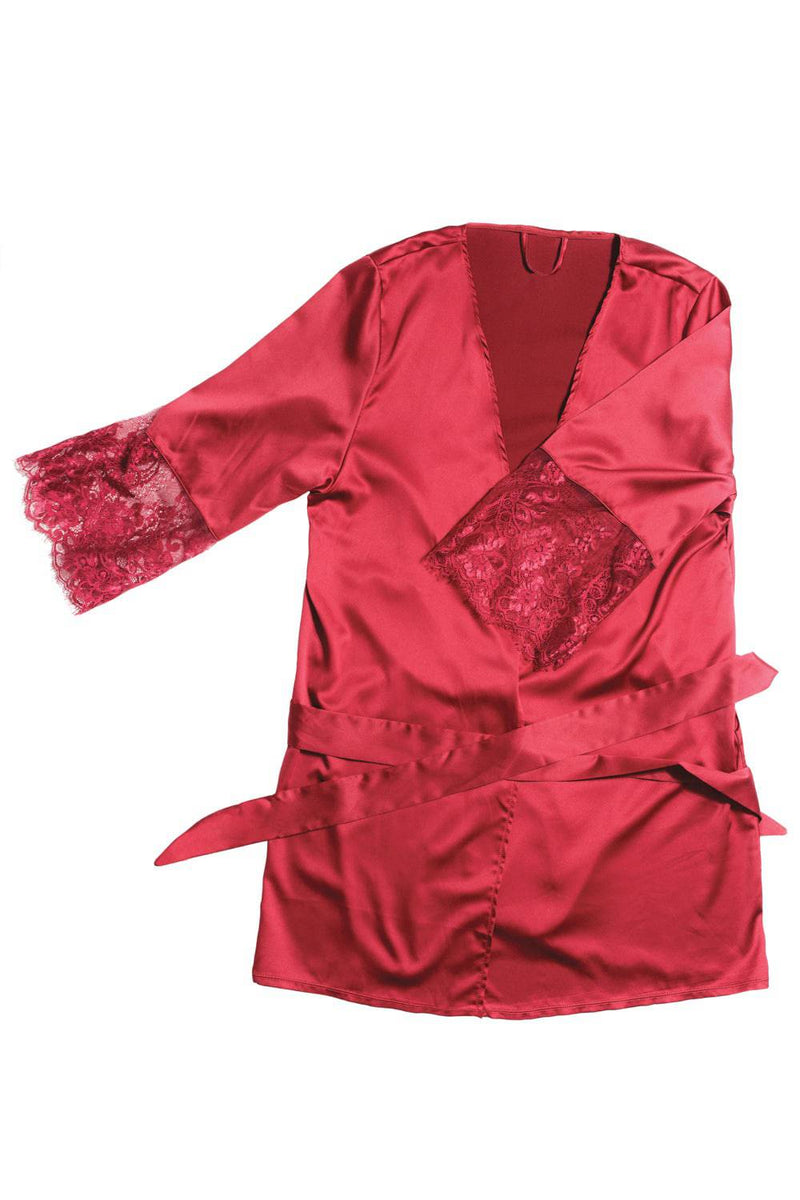 Coquette - 7224 - Satin Robe with Lace Finish - Merlot - OS - Stag Shop