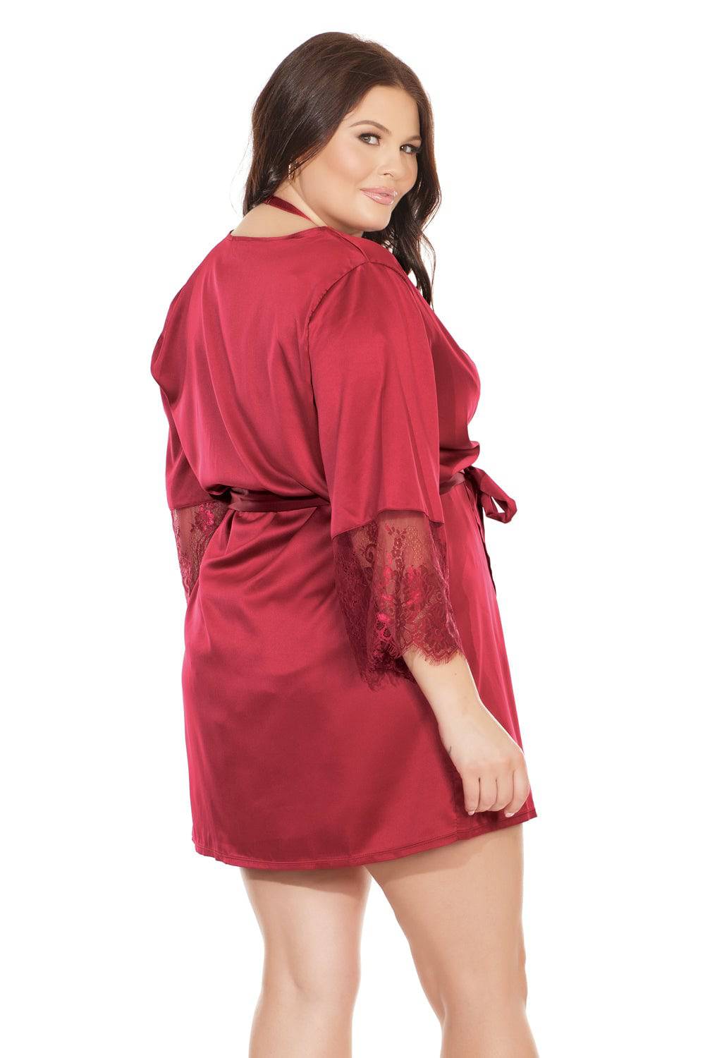 Coquette - 7224X - Satin Robe with Lace Finish - Merlot - OSXL - Stag Shop