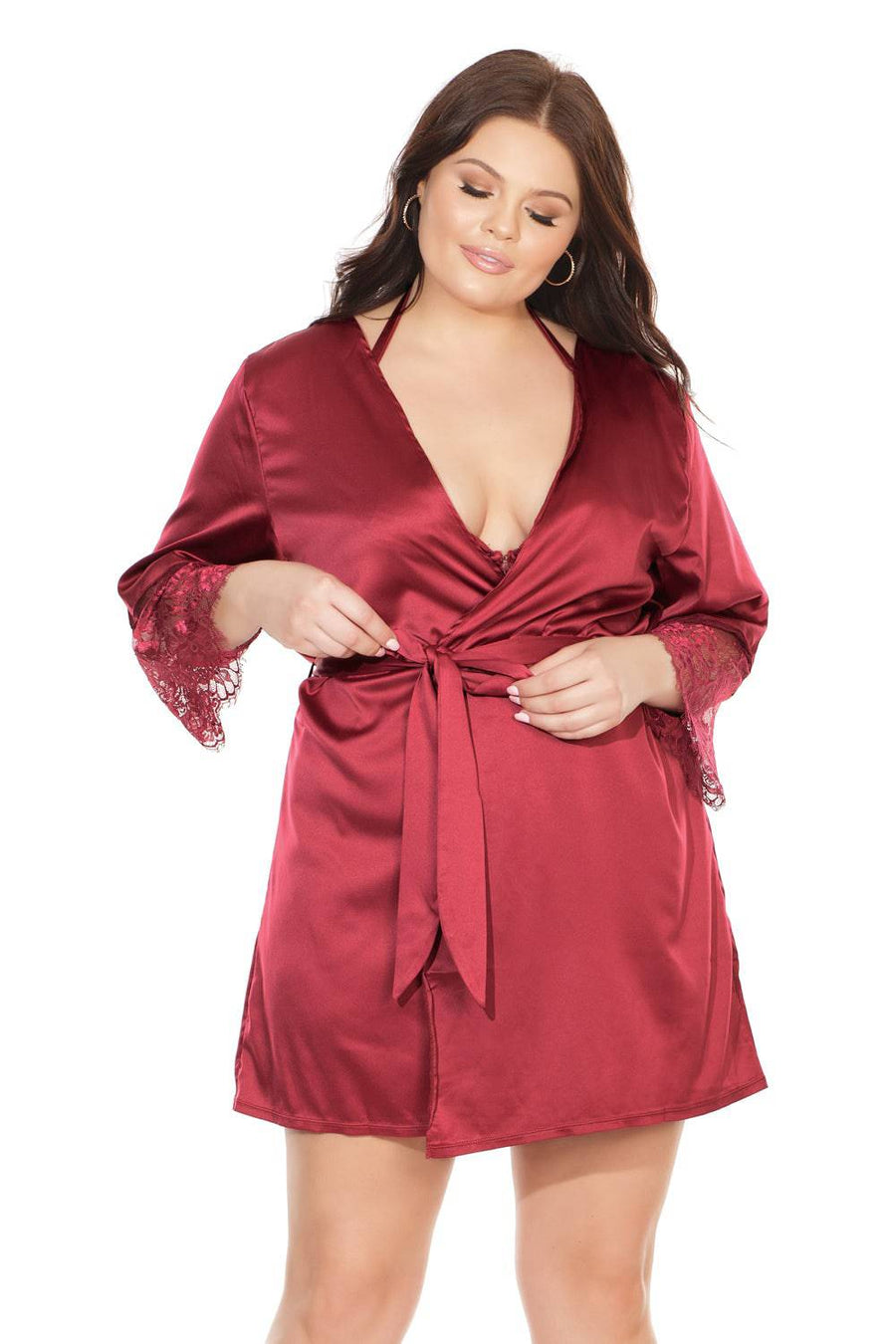 Coquette - 7224X - Satin Robe with Lace Finish - Merlot - OSXL - Stag Shop