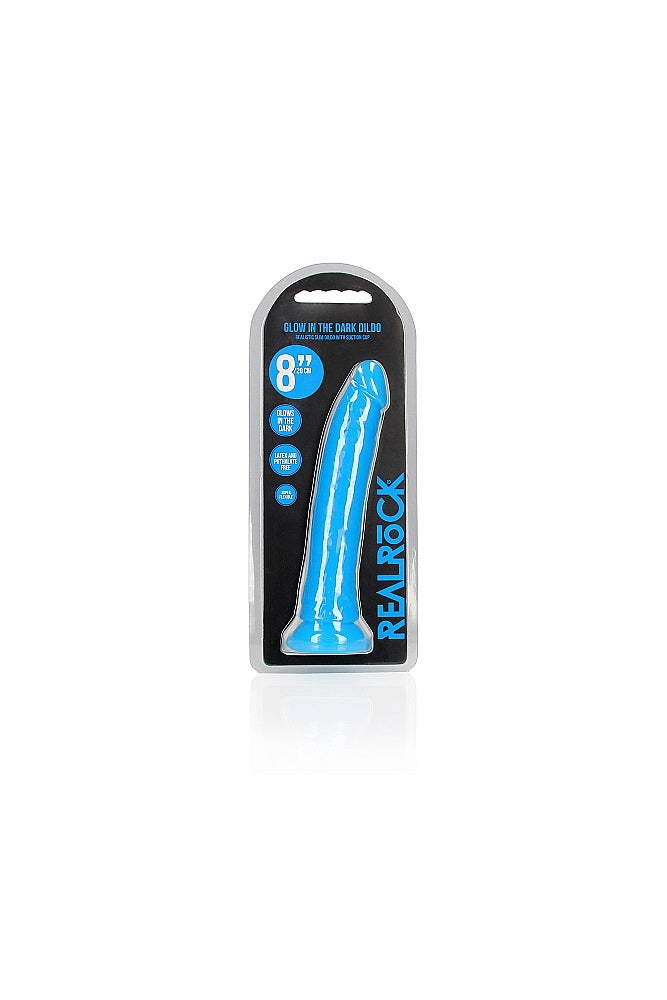 Shots Toys - Real Rock - 8" Glow in the Dark Slim Realistic Dildo with Suction Cup - Blue - Stag Shop