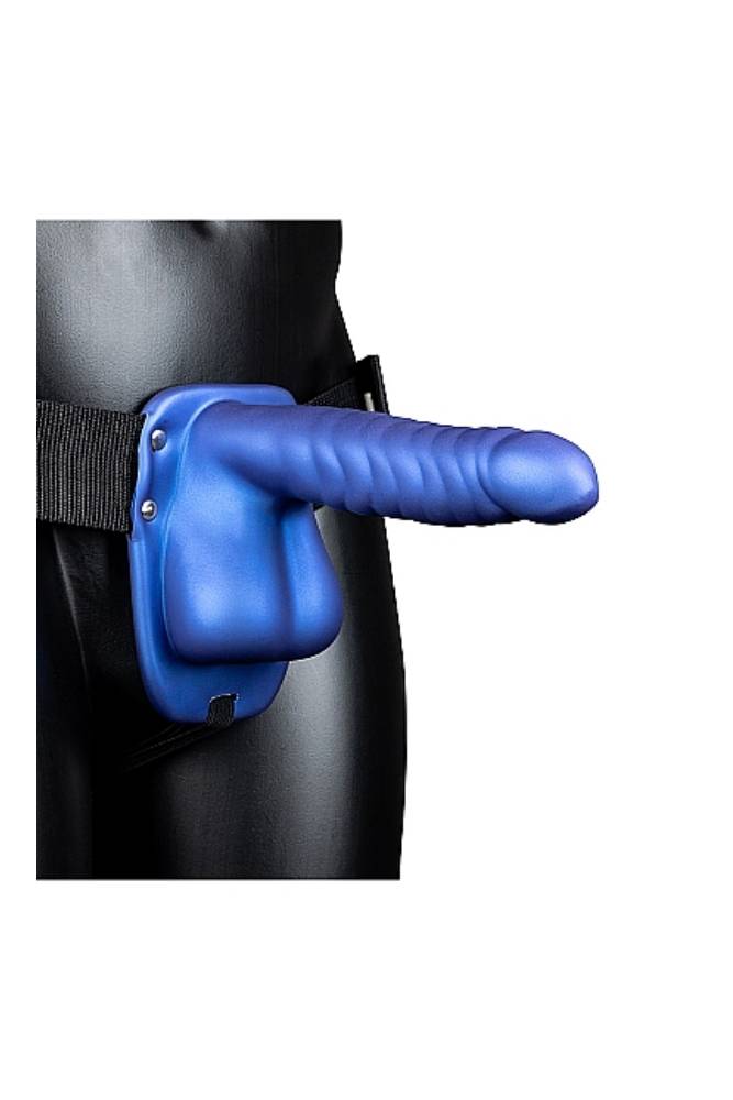 Ouch by Shots Toys - 8" Ribbed Hollow Strap-on with Balls - Blue - Stag Shop