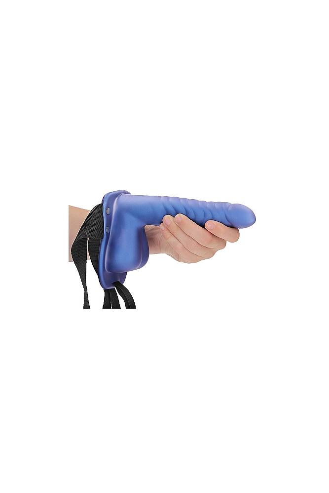 Ouch by Shots Toys - 8" Ribbed Hollow Strap-on with Balls - Blue - Stag Shop