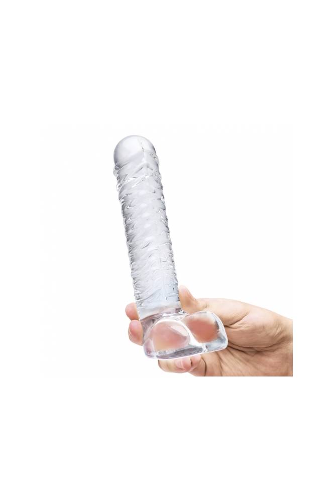 Gläs - 8" Realistic Ribbed Glass G-Spot Dildo With Balls - Clear - Stag Shop