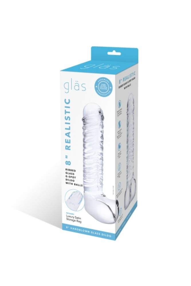 Gläs - 8" Realistic Ribbed Glass G-Spot Dildo With Balls - Clear - Stag Shop