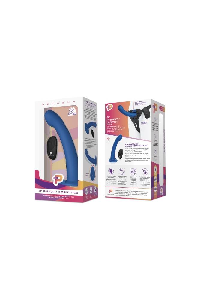 Electric Eel - Pegasus - 8” Remote Control P-Spot Silicone Dildo And Harness - Blue - Stag Shop