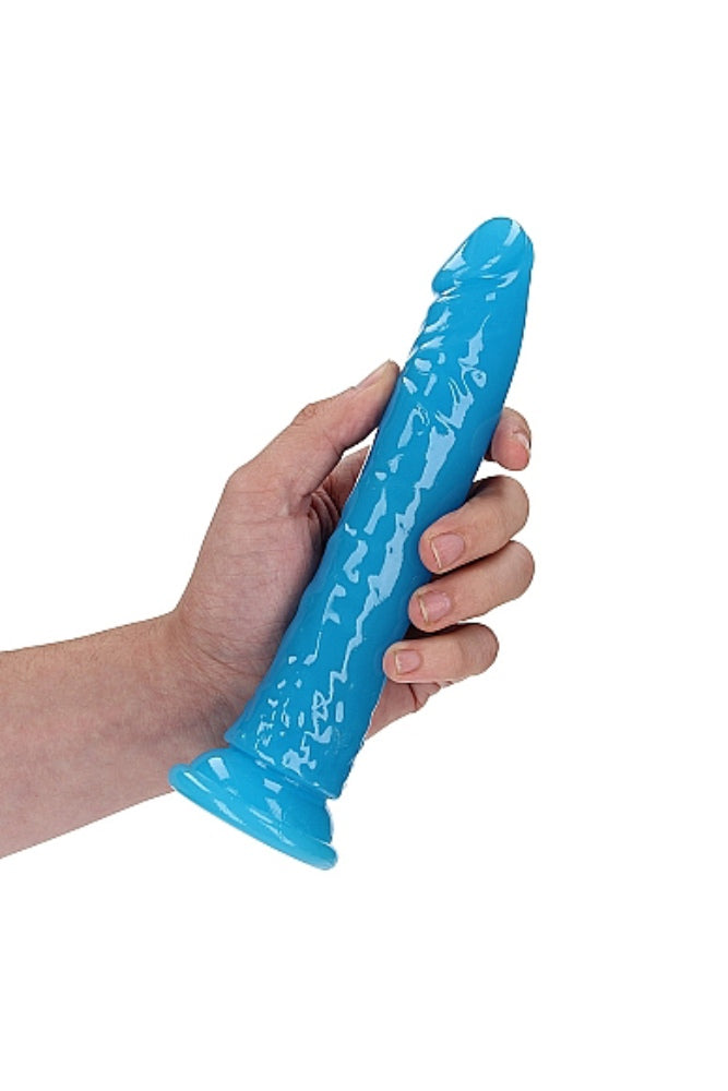 Shots Toys - Real Rock - 8" Glow in the Dark Slim Realistic Dildo with Suction Cup - Blue - Stag Shop