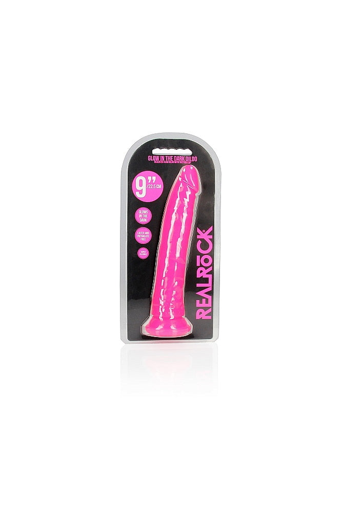 Shots Toys - Real Rock - 9" Glow in the Dark Slim Dildo - Pink - Stag Shop