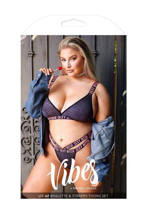 Fantasy Lingerie - AF912Q - Sexy Bitch Bralette & Strappy Panty Set - Black - Queen Size - Stag Shop