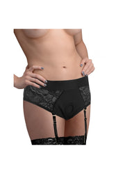 XR Brands - Strap U - Laced Seductress Crotchless Panty Harness w/ Garter Straps - Black - S/M - Stag Shop