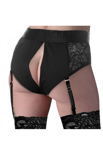 XR Brands - Strap U - Laced Seductress Crotchless Panty Harness w/ Garter Straps - Black - S/M - Stag Shop