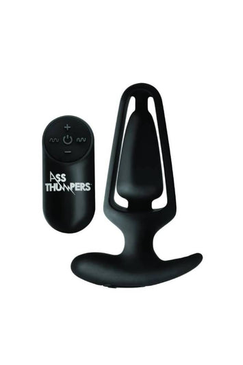 XR Brands - Ass Thumpers - Power Plug 7X Vibrating Hollow Butt Plug with Remote - Black - Stag Shop