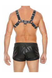 Ouch by Shots Toys - Premium Leather Bulldog Chest Harness - Black/Blue - Stag Shop