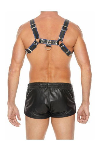 Ouch by Shots Toys - Premium Leather Bulldog Chest Harness - Black/Blue - Stag Shop