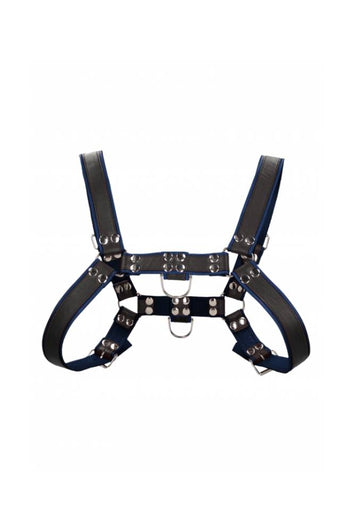 Ouch by Shots Toys - Premium Leather Bulldog Chest Harness - Black/Blue - Stag Shop