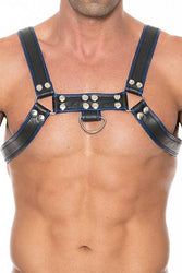Ouch by Shots Toys - Premium Leather Bulldog Chest Harness - Black/Blue - Stag Shop