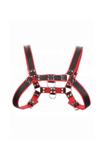 Ouch by Shots Toys - Premium Leather Bulldog Chest Harness - Black/Red - Stag Shop