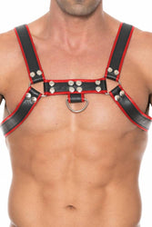 Ouch by Shots Toys - Premium Leather Bulldog Chest Harness - Black/Red - Stag Shop