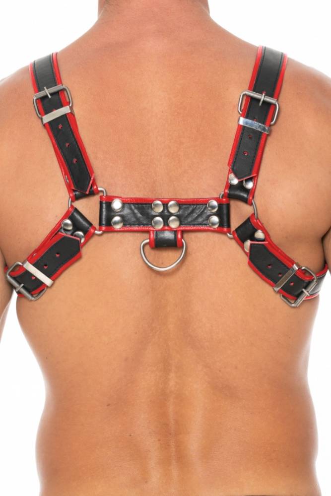 Ouch by Shots Toys - Premium Leather Bulldog Chest Harness - Black/Red - Stag Shop
