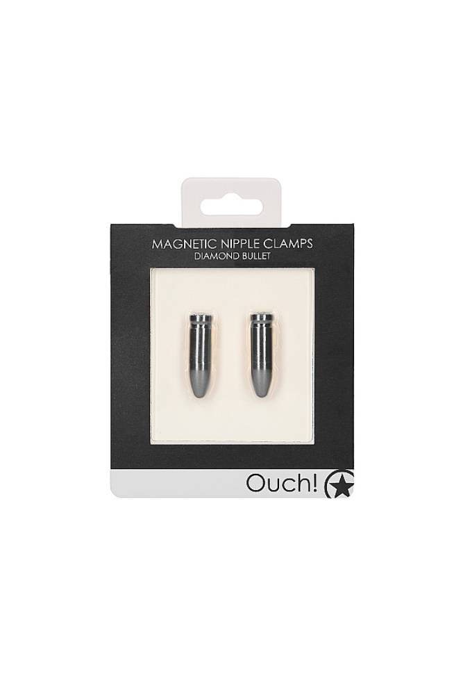 Ouch by Shots Toys - Diamond Bullet - Magnetic Nipple Clamps - Grey - Stag Shop