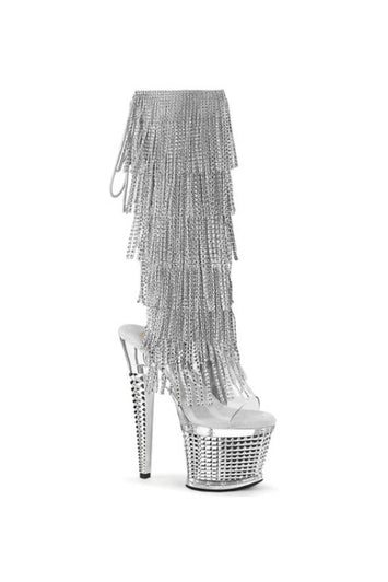 Pleaser USA - Spectator 7 Inch Crystal Fringe Spike Heel Platform - Clear/Silver - Stag Shop