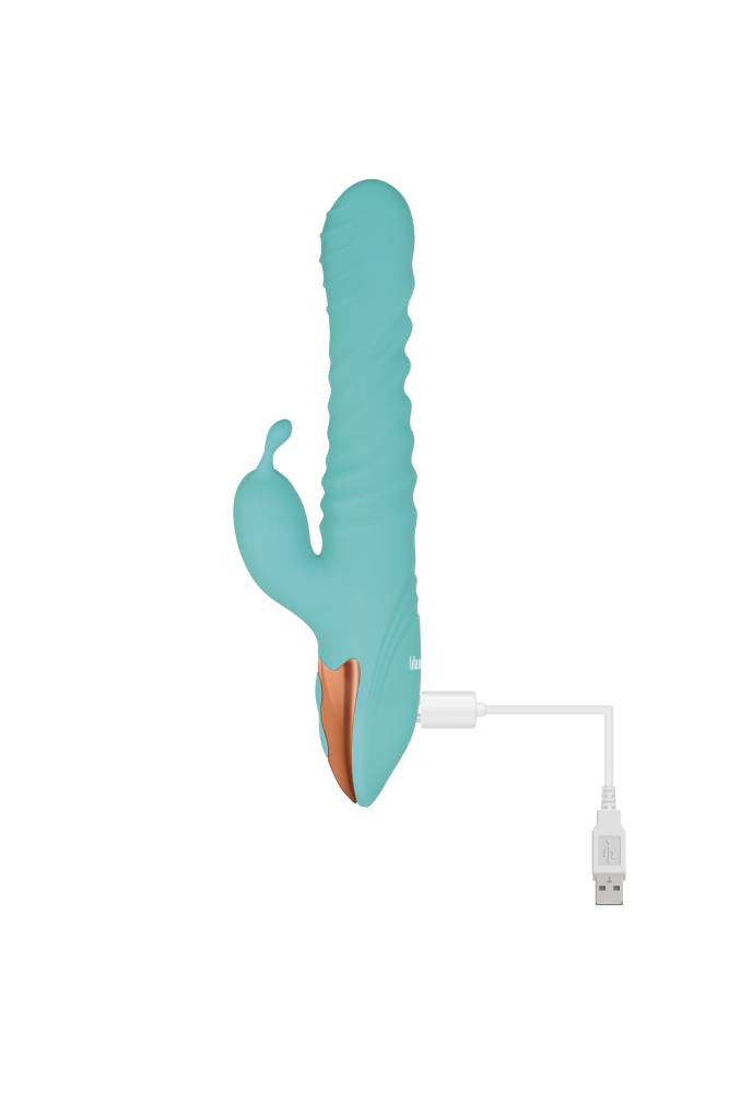 Adam & Eve - Heat Me Up Warming Rabbit Thrusting Vibrator - Teal - Stag Shop