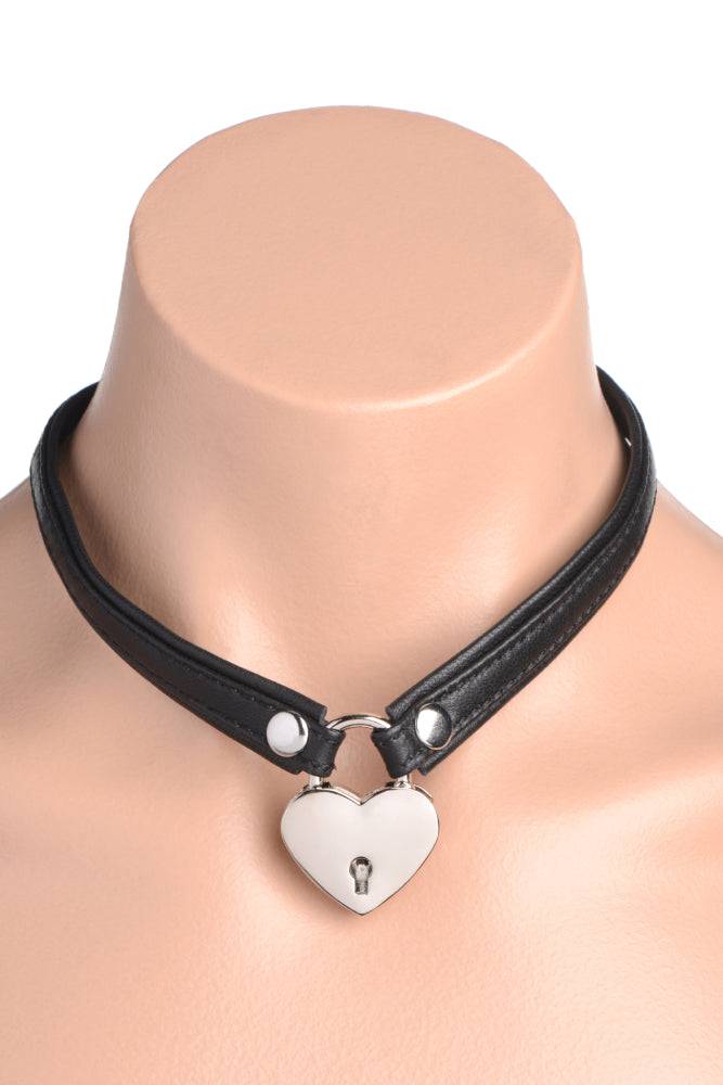 XR Brands - Master Series - Heart Lock Choker with Key - Black Leather - Stag Shop