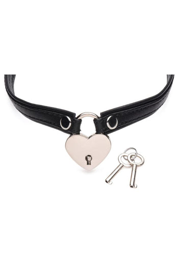 XR Brands - Master Series - Heart Lock Choker with Key - Black Leather - Stag Shop