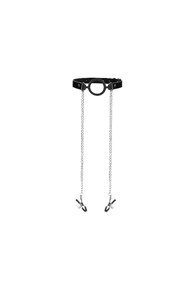 Ouch by Shots Toys - O-Ring Gag With Nipple Clamps - Black - Stag Shop