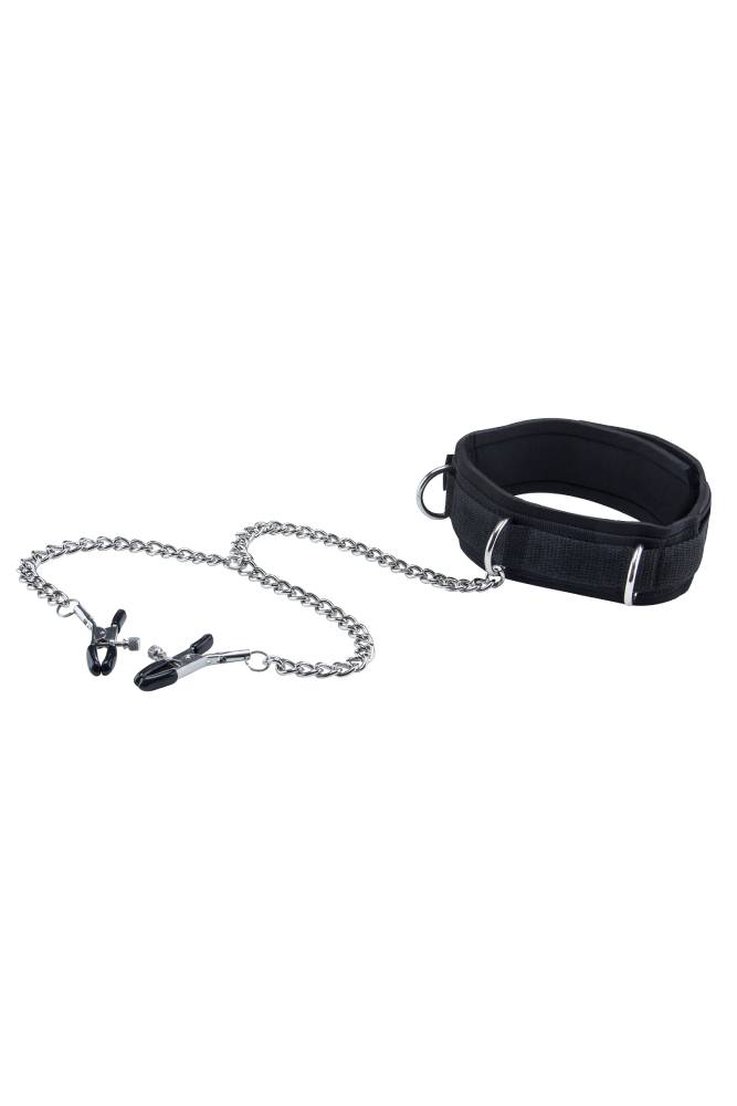 Ouch by Shots Toys - Black & White - Velcro Collar with Nipple Clamps - Black - Stag Shop