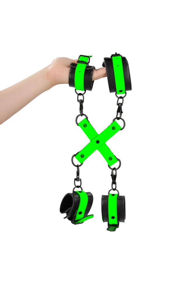 Ouch by Shots Toys - Hand & Ankle Cuffs with Hogtie - Glow in the Dark - Stag Shop