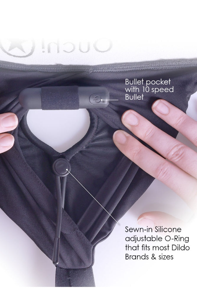 Ouch by Shots Toys - Vibrating Strap-on Panty Harness with Open Back - Black - Various Sizes - Stag Shop