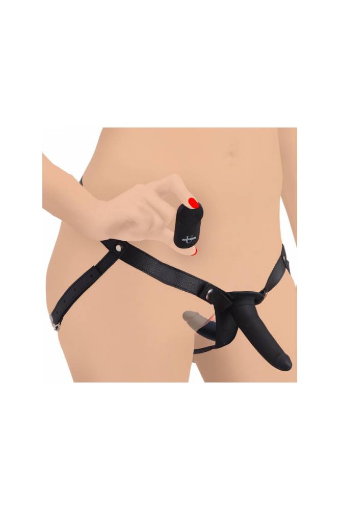 XR Brands - Strap U - 28X Power Pegger Vibrating Double Dildo with Harness & Remote - Black - Stag Shop