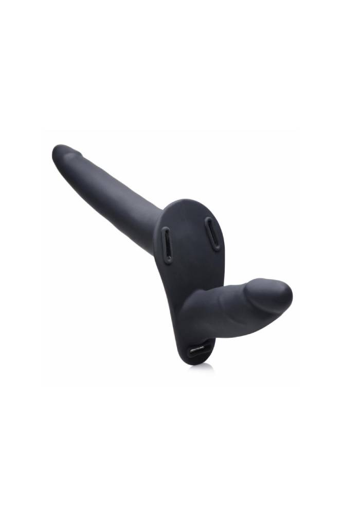 XR Brands - Strap U - 28X Power Pegger Vibrating Double Dildo with Harness & Remote - Black - Stag Shop