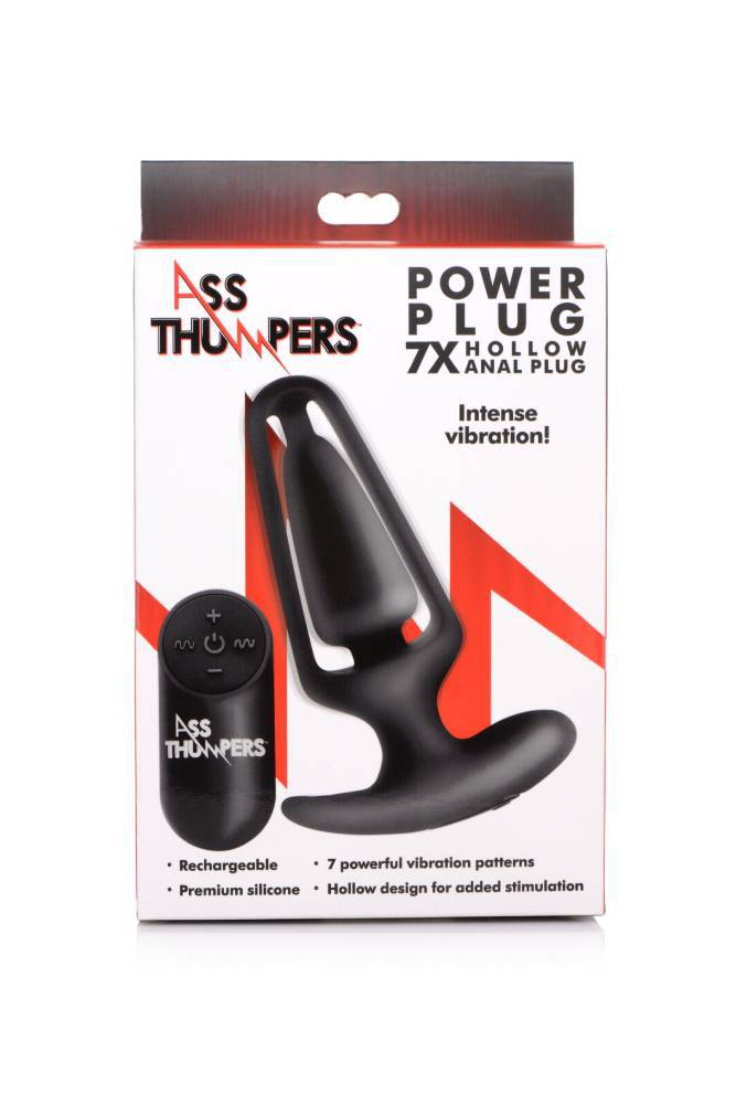 XR Brands - Ass Thumpers - Power Plug 7X Vibrating Hollow Butt Plug with Remote - Black - Stag Shop