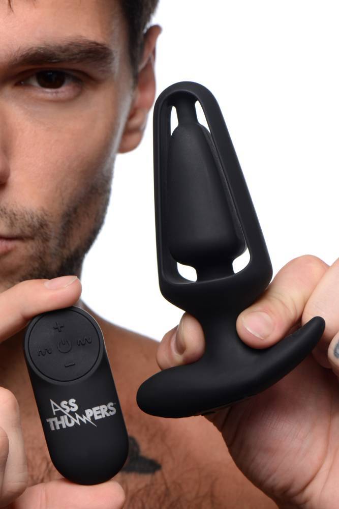 XR Brands - Ass Thumpers - Power Plug 7X Vibrating Hollow Butt Plug with Remote - Black - Stag Shop
