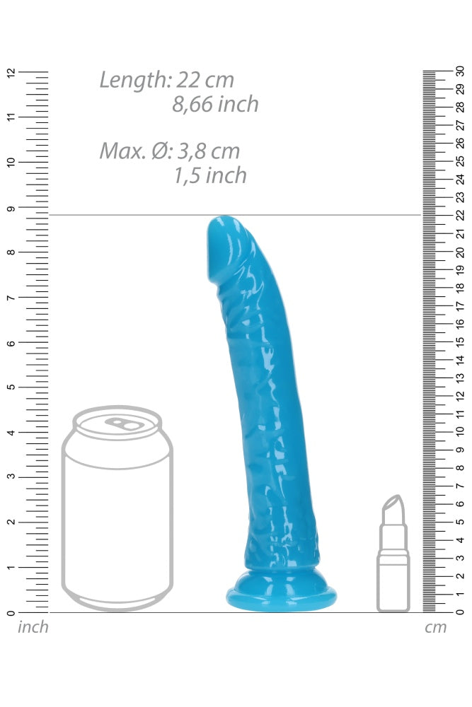 Shots Toys - Real Rock - 8" Glow in the Dark Slim Realistic Dildo with Suction Cup - Blue - Stag Shop