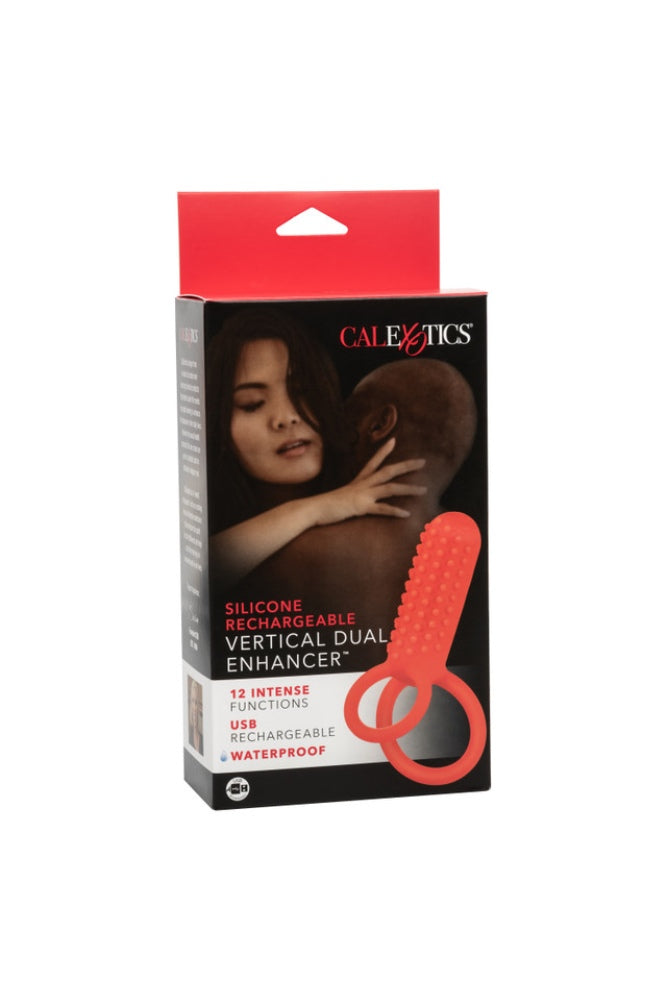 Cal Exotics - Silicone Rechargeable Vertical Dual Enhancer Cock Ring - Red - Stag Shop