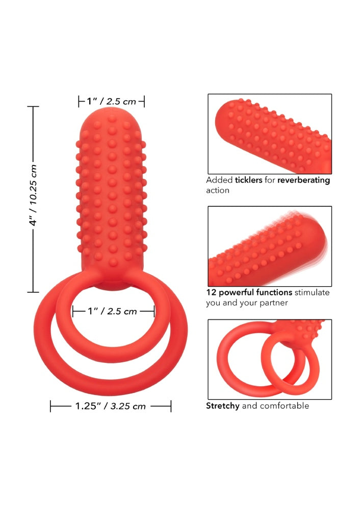 Cal Exotics - Silicone Rechargeable Vertical Dual Enhancer Cock Ring - Red - Stag Shop