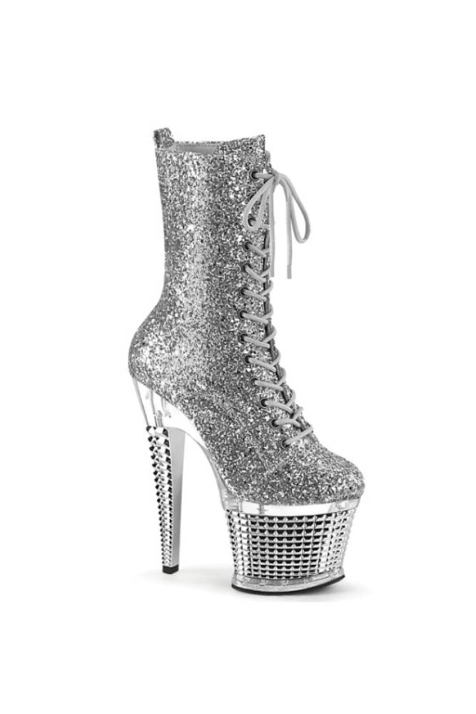 Pleaser USA - Spectator 7'' Spike Heel Platform Lace up Ankle Boot - Silver - Stag Shop