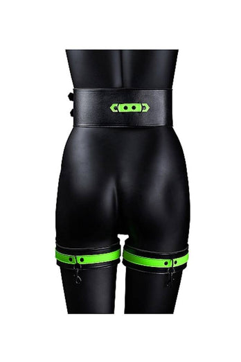 Ouch by Shots Toys - Thigh Cuffs with Belt and Handcuffs - Glow in the Dark - Stag Shop