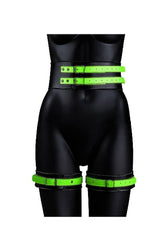 Ouch by Shots Toys - Thigh Cuffs with Belt and Handcuffs - Glow in the Dark - Stag Shop