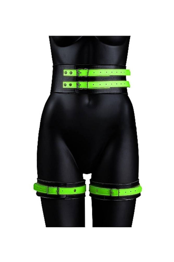 Ouch by Shots Toys - Thigh Cuffs with Belt and Handcuffs - Glow in the Dark - Stag Shop