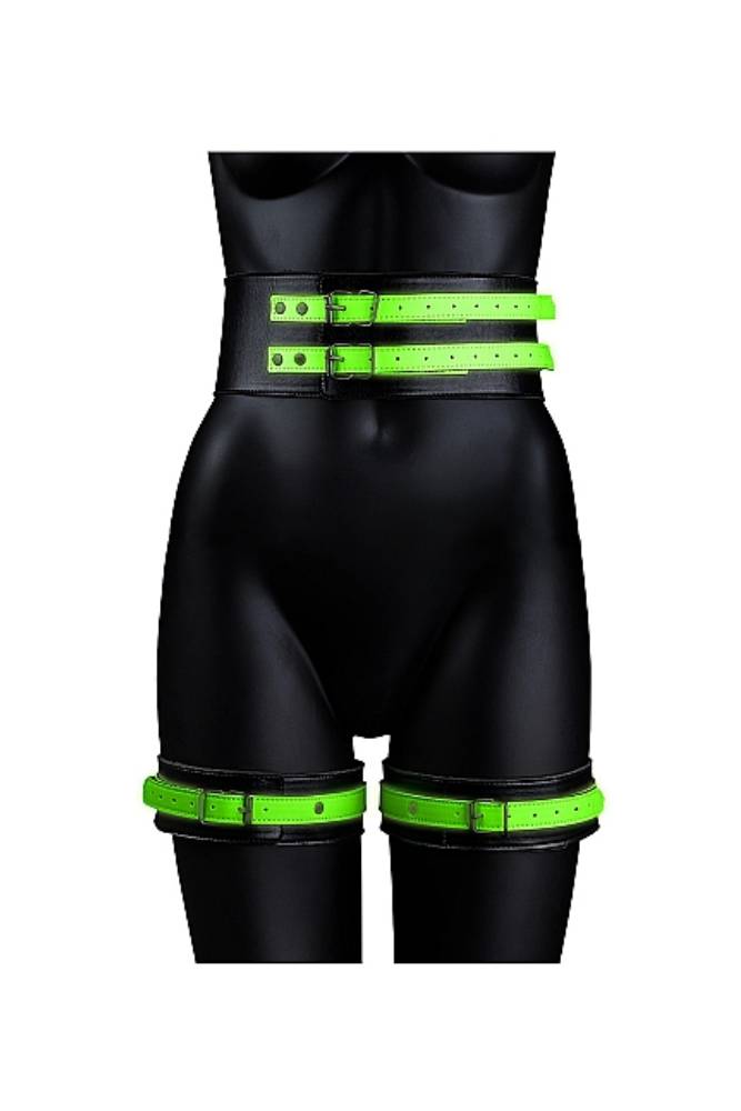 Ouch by Shots Toys - Thigh Cuffs with Belt and Handcuffs - Glow in the Dark - Stag Shop